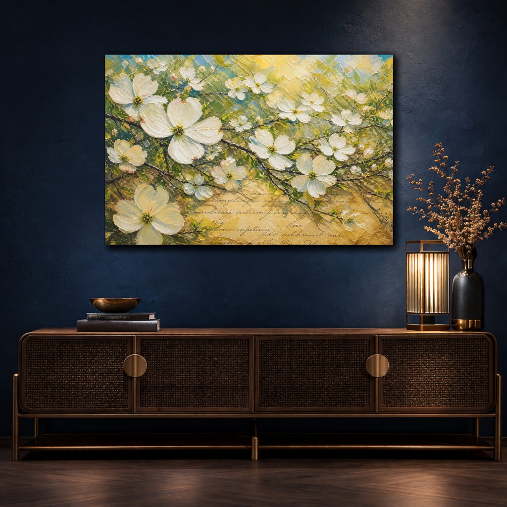 Mockup 4. Floral White Blossoms Textured Floral shown as stretched canvas wall art