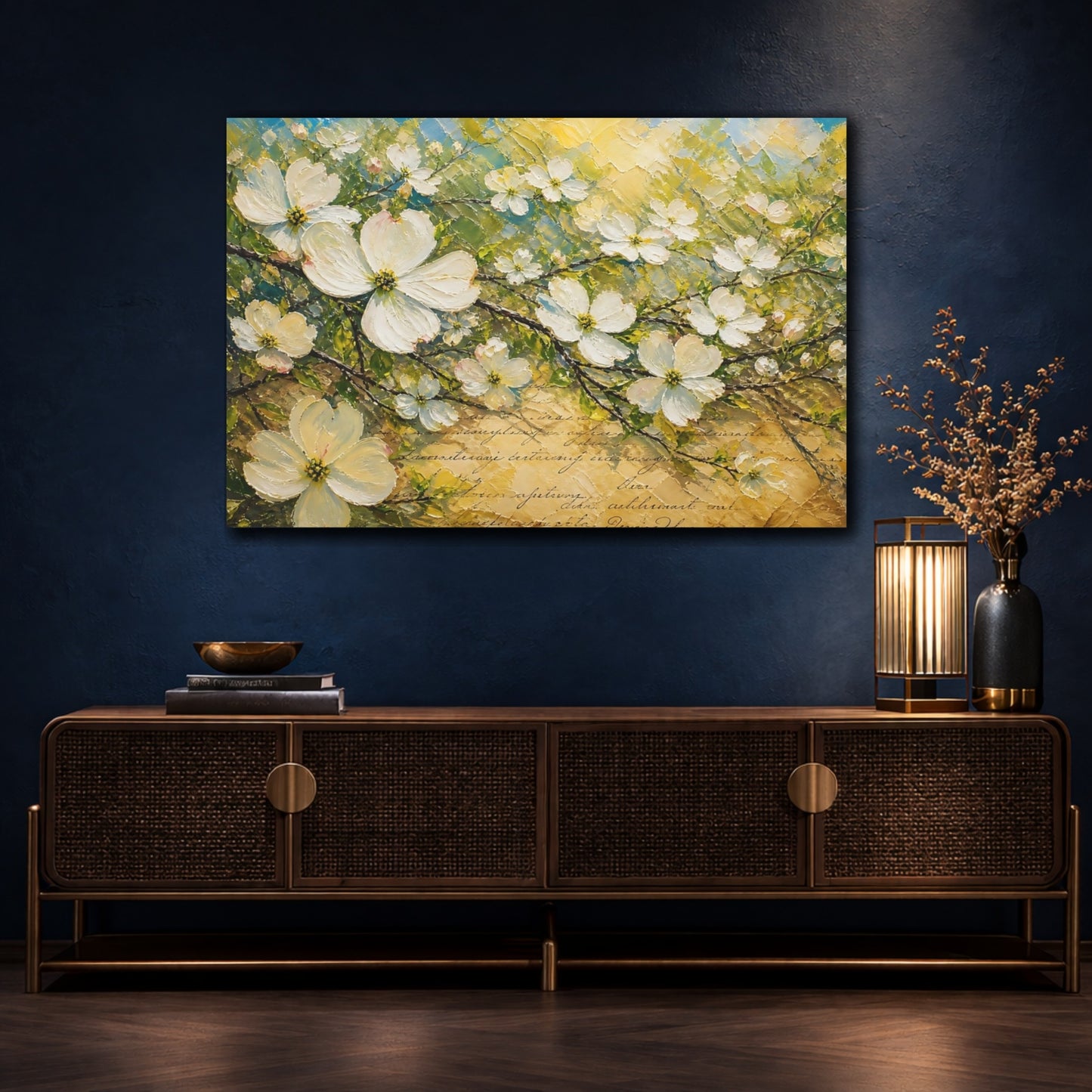 Mockup 4. Floral White Blossoms Textured Floral shown as stretched canvas wall art