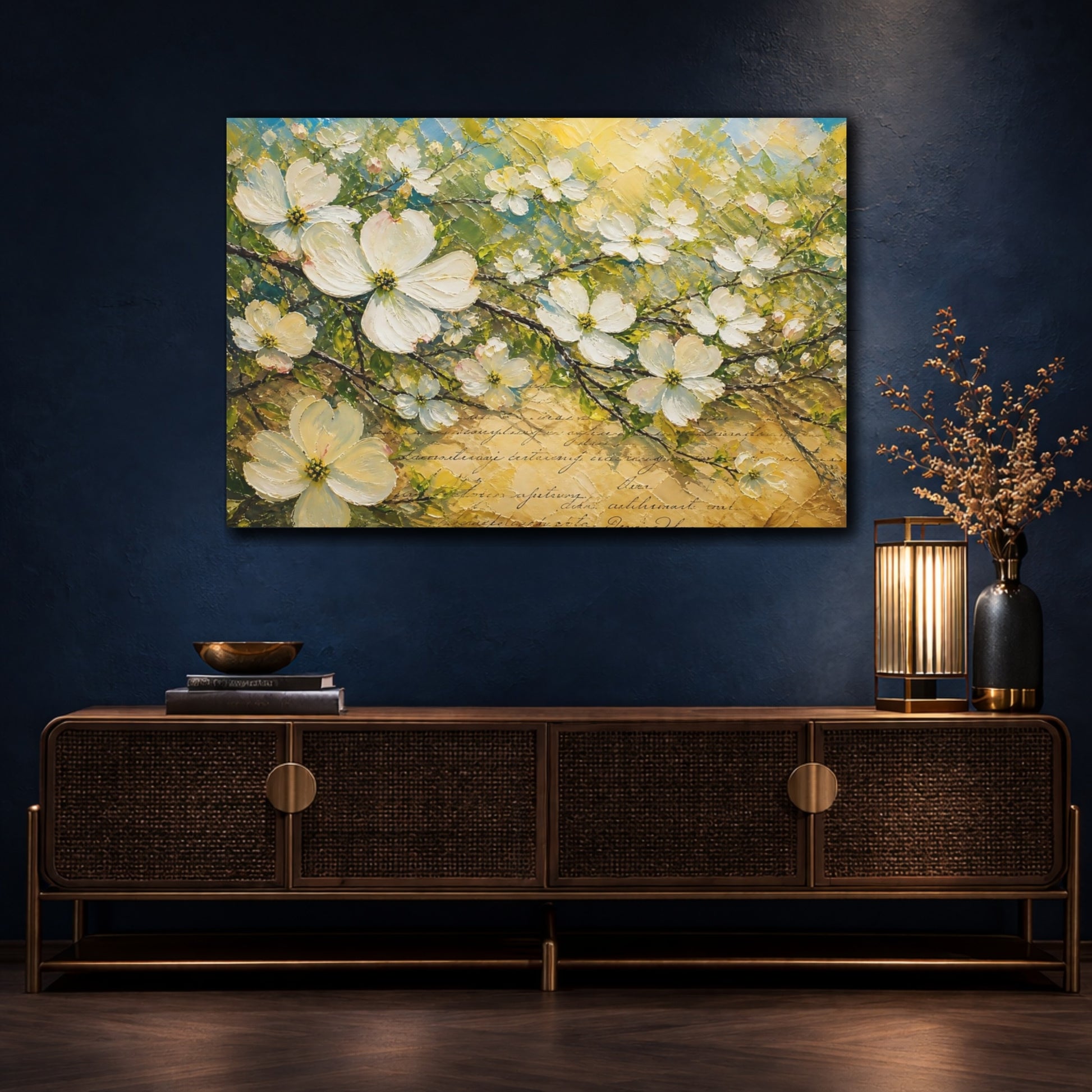 Mockup 4. Floral White Blossoms Textured Floral shown as stretched canvas wall art