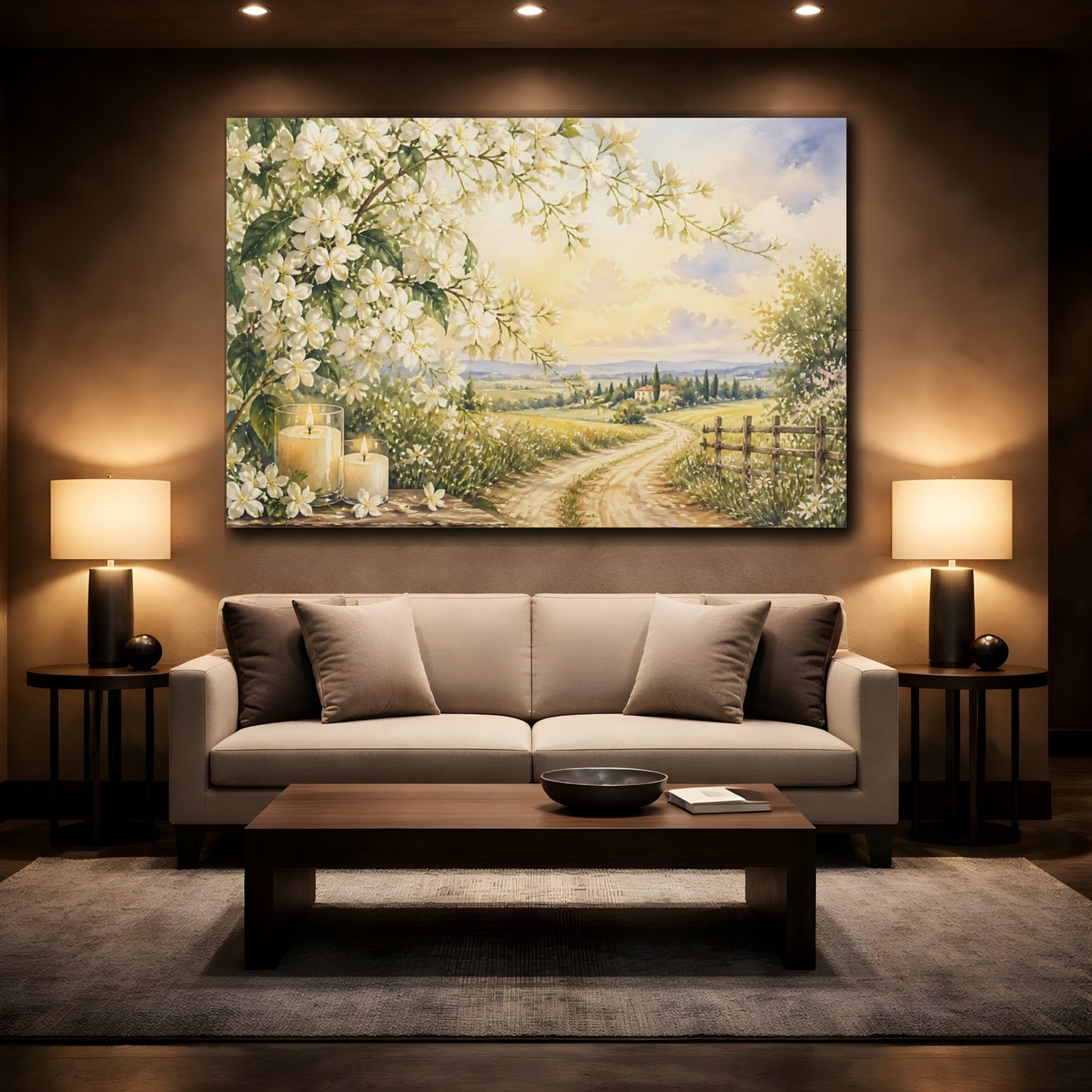 Mockup 2. Floral White Blossoms White Floral Scenery shown as stretched canvas wall art