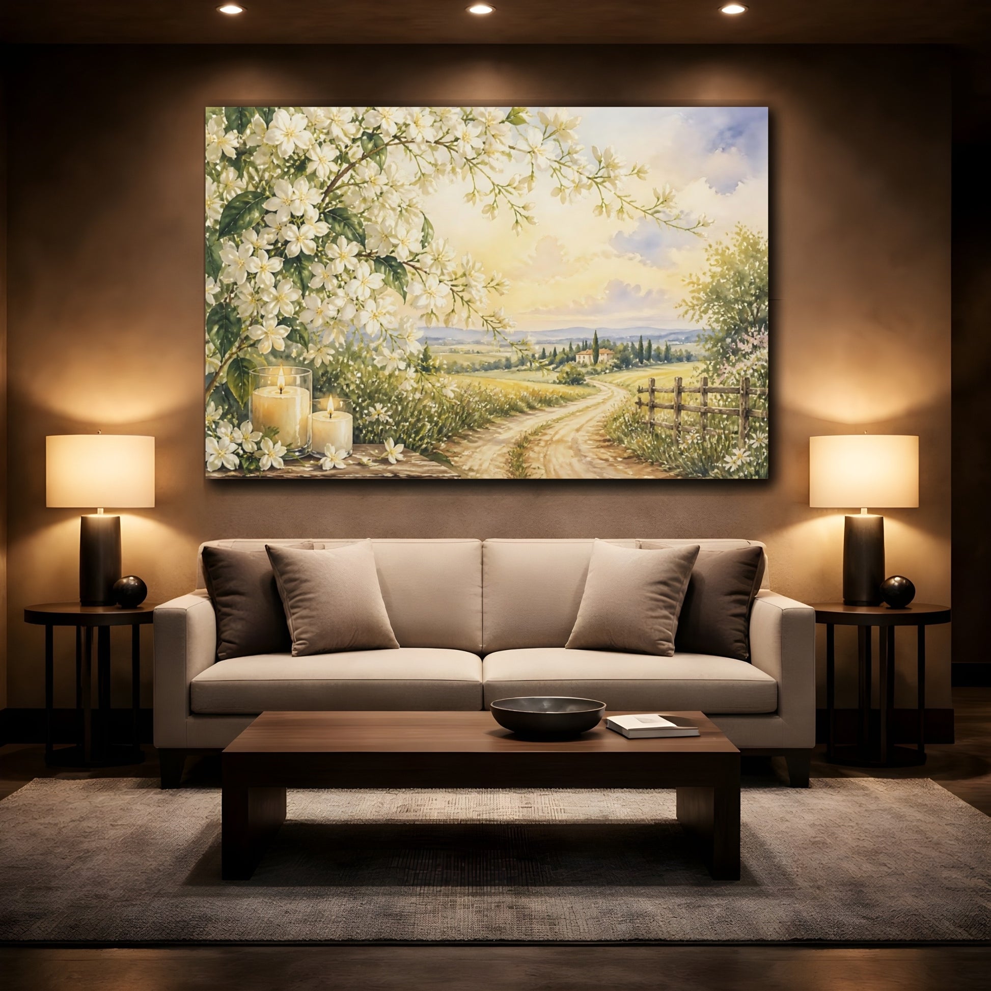 Mockup 2. Floral White Blossoms White Floral Scenery shown as stretched canvas wall art