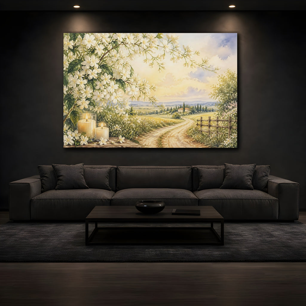 Mockup 3. Floral White Blossoms White Floral Scenery shown as stretched canvas wall art