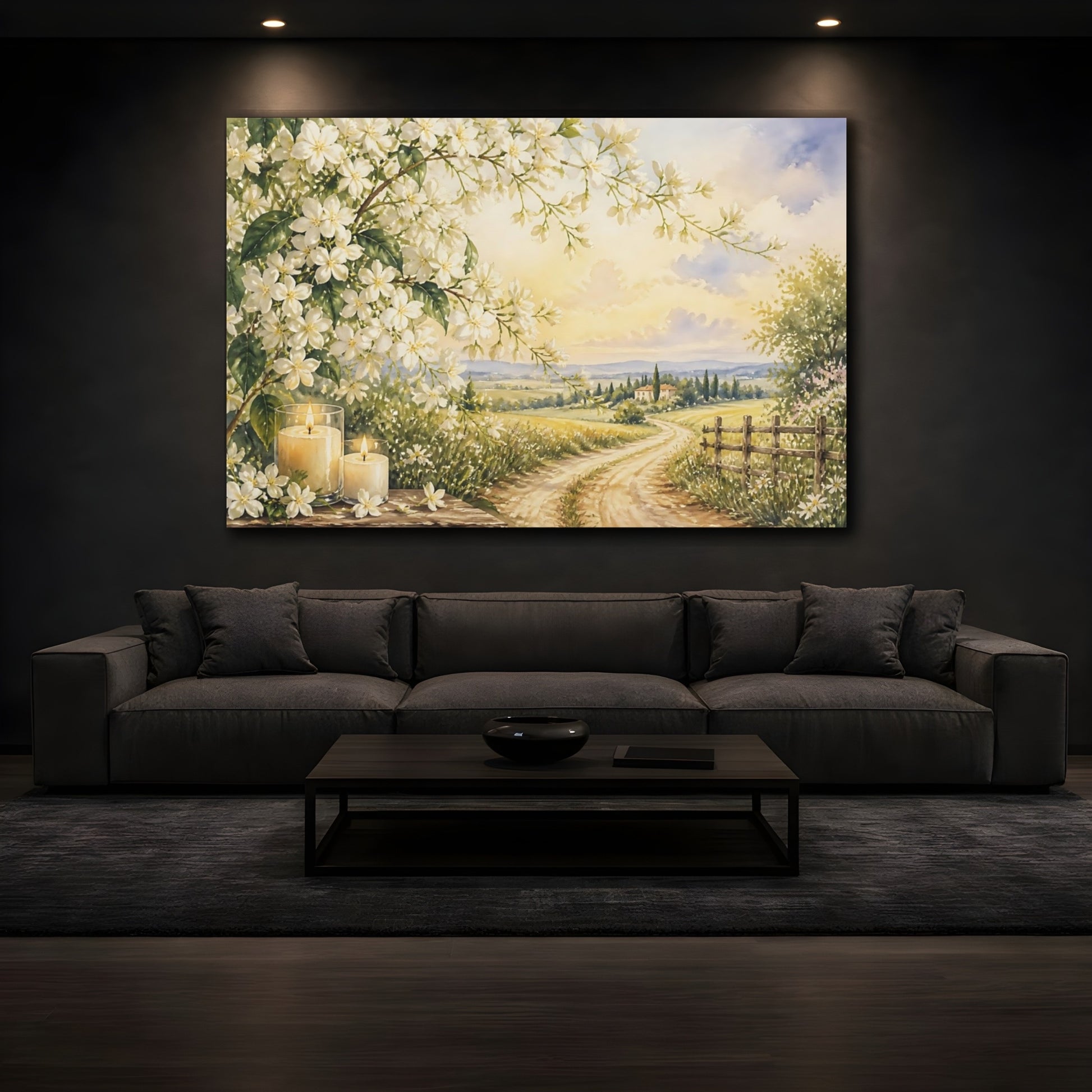 Mockup 3. Floral White Blossoms White Floral Scenery shown as stretched canvas wall art