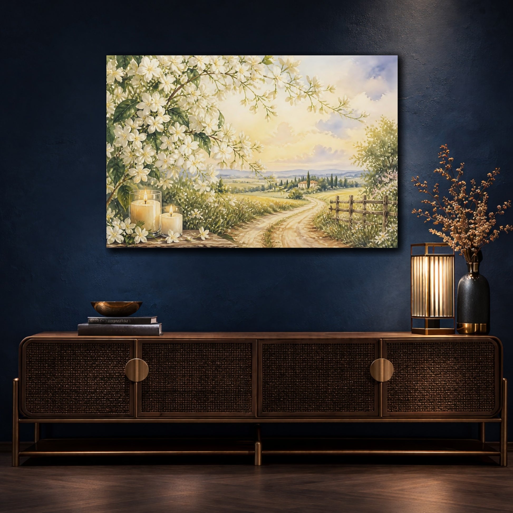 Mockup 4. Floral White Blossoms White Floral Scenery shown as stretched canvas wall art