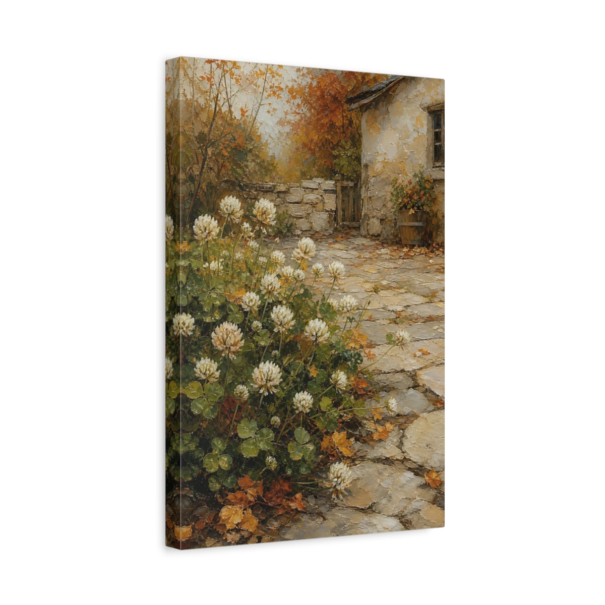Side Mockup 4. Floral White Clover Autumnal Clover shown as stretched canvas wall art
