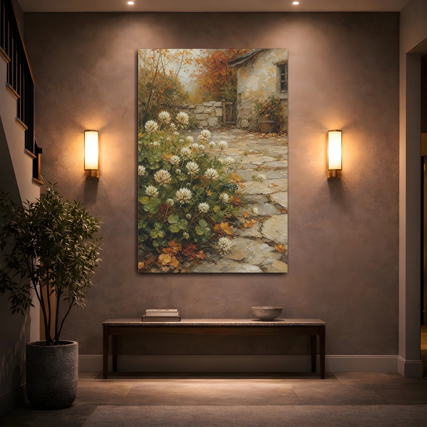 Mockup 2. Floral White Clover Autumnal Clover shown as stretched canvas wall art