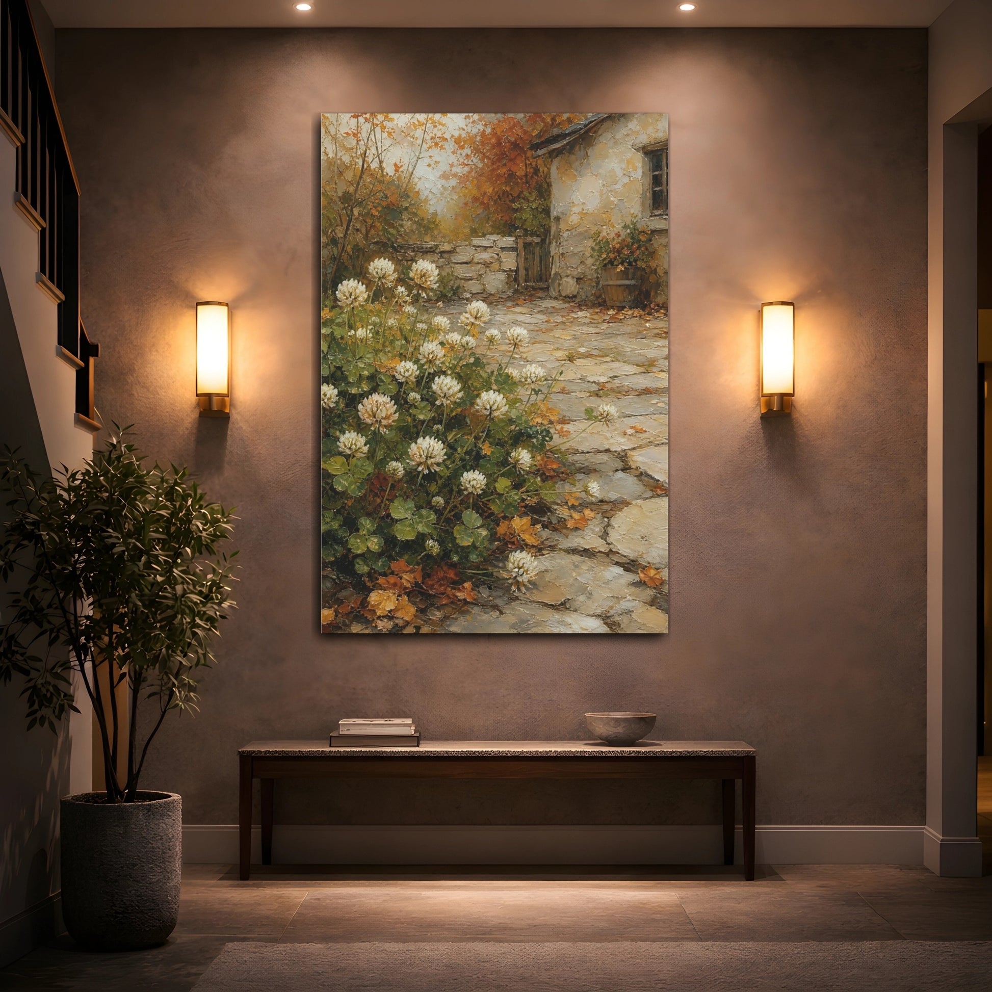 Mockup 2. Floral White Clover Autumnal Clover shown as stretched canvas wall art