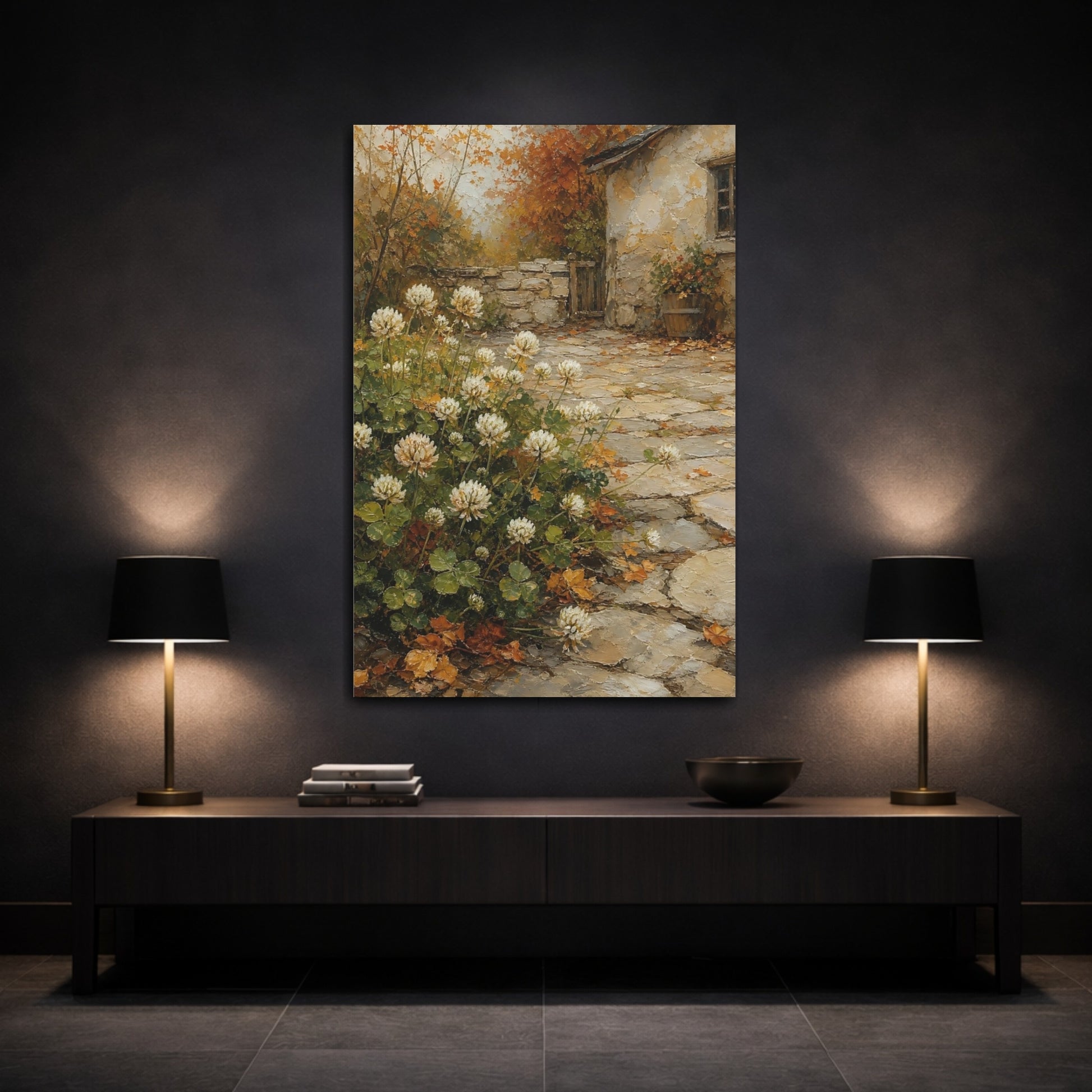 Mockup 3. Floral White Clover Autumnal Clover shown as stretched canvas wall art