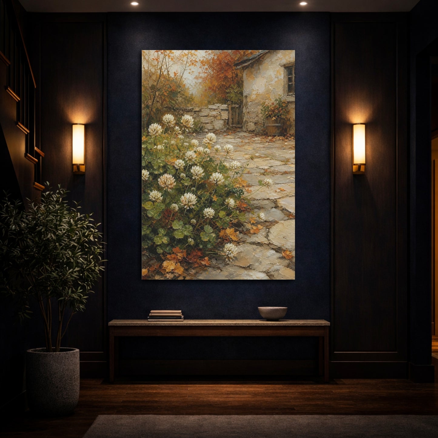 Mockup 4. Floral White Clover Autumnal Clover shown as stretched canvas wall art