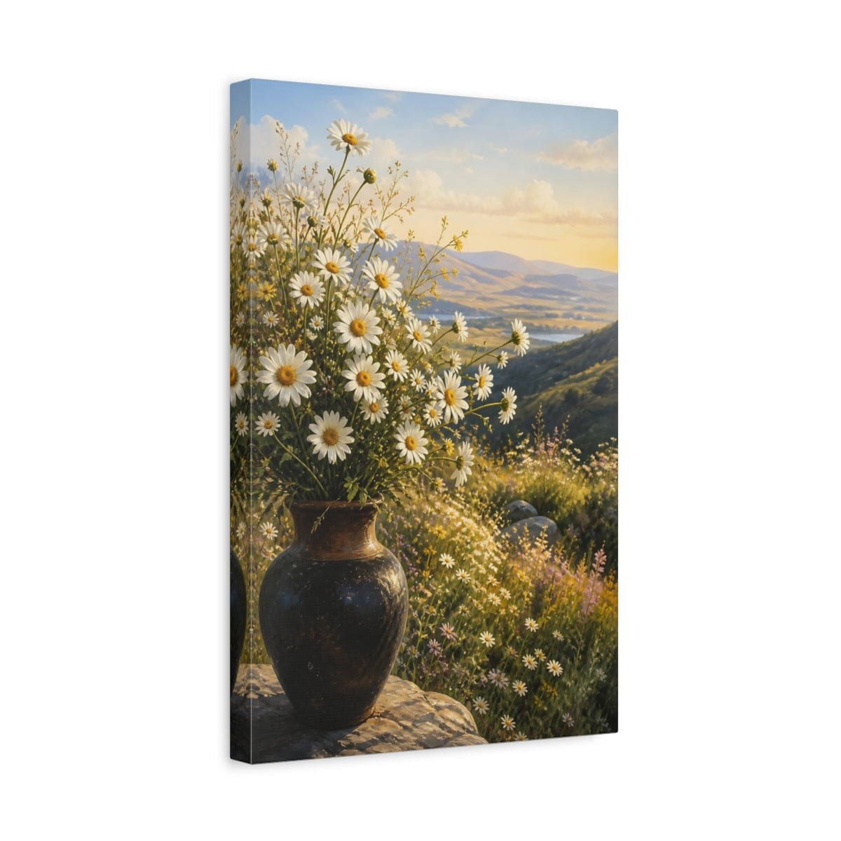 Side Mockup 4. Floral White Daisies White Daisies shown as stretched canvas wall art