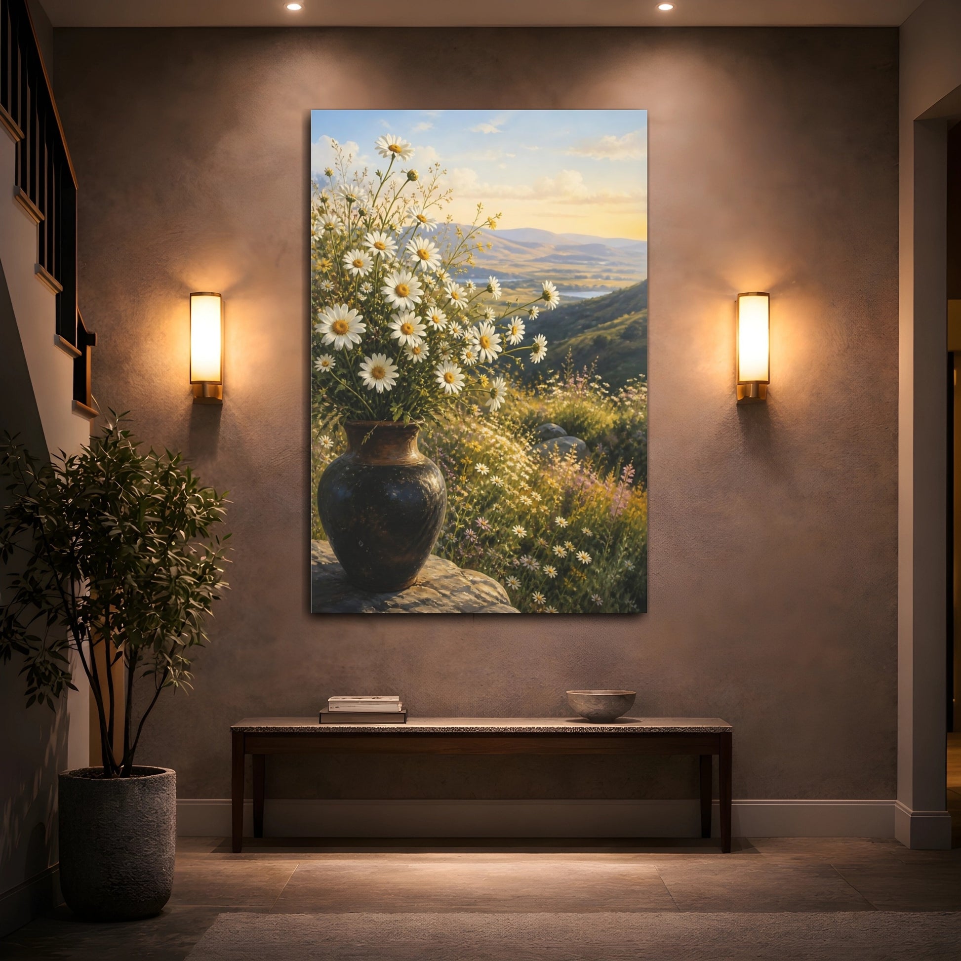 Mockup 2. Floral White Daisies White Daisies shown as stretched canvas wall art