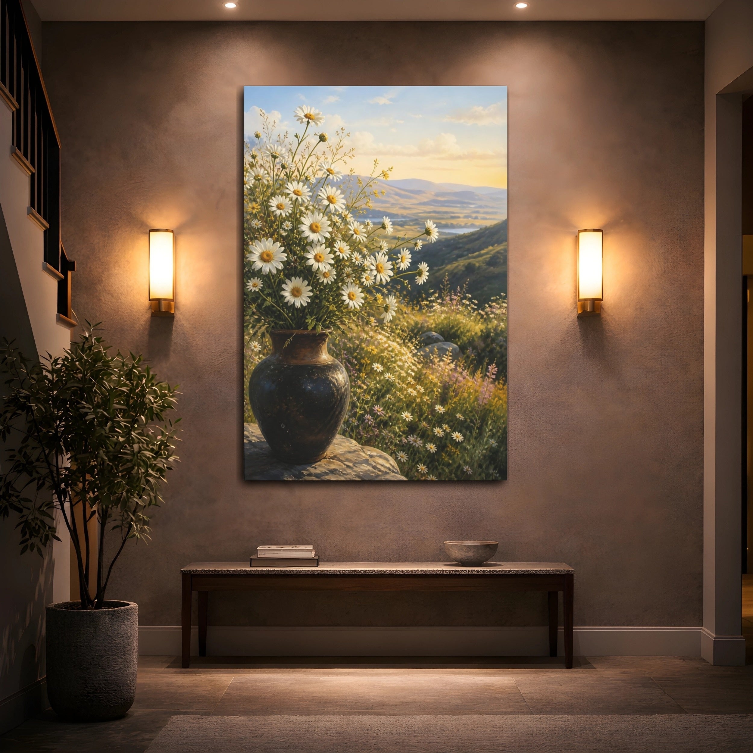 Mockup 2. Floral White Daisies White Daisies shown as stretched canvas wall art