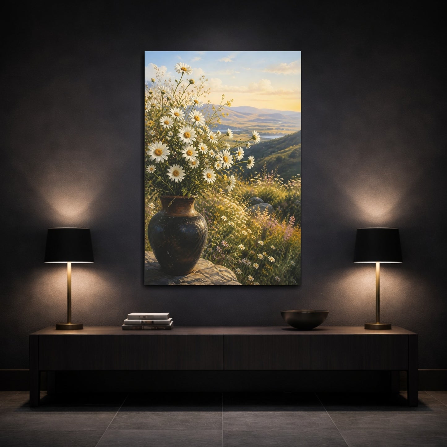 Mockup 3. Floral White Daisies White Daisies shown as stretched canvas wall art