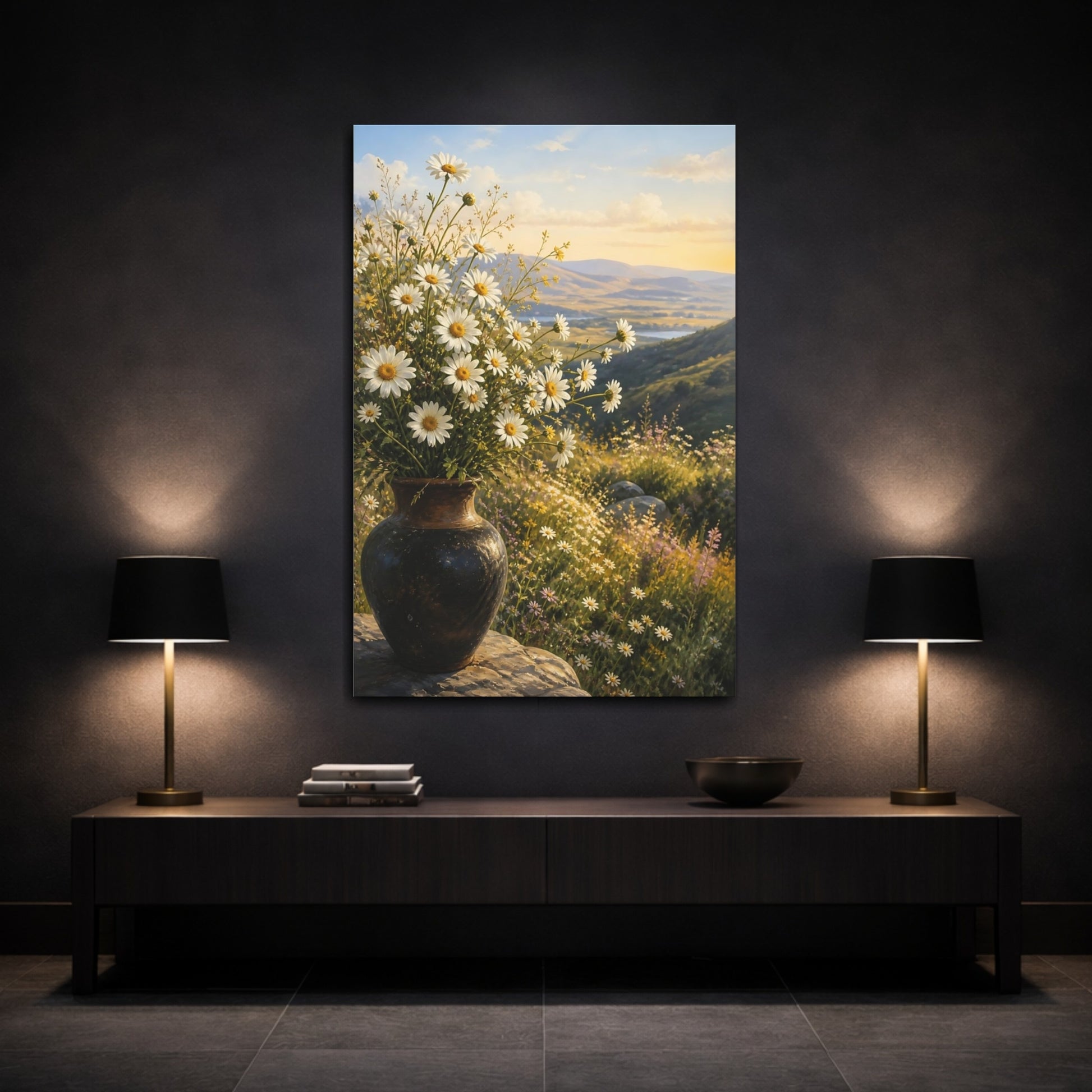 Mockup 3. Floral White Daisies White Daisies shown as stretched canvas wall art