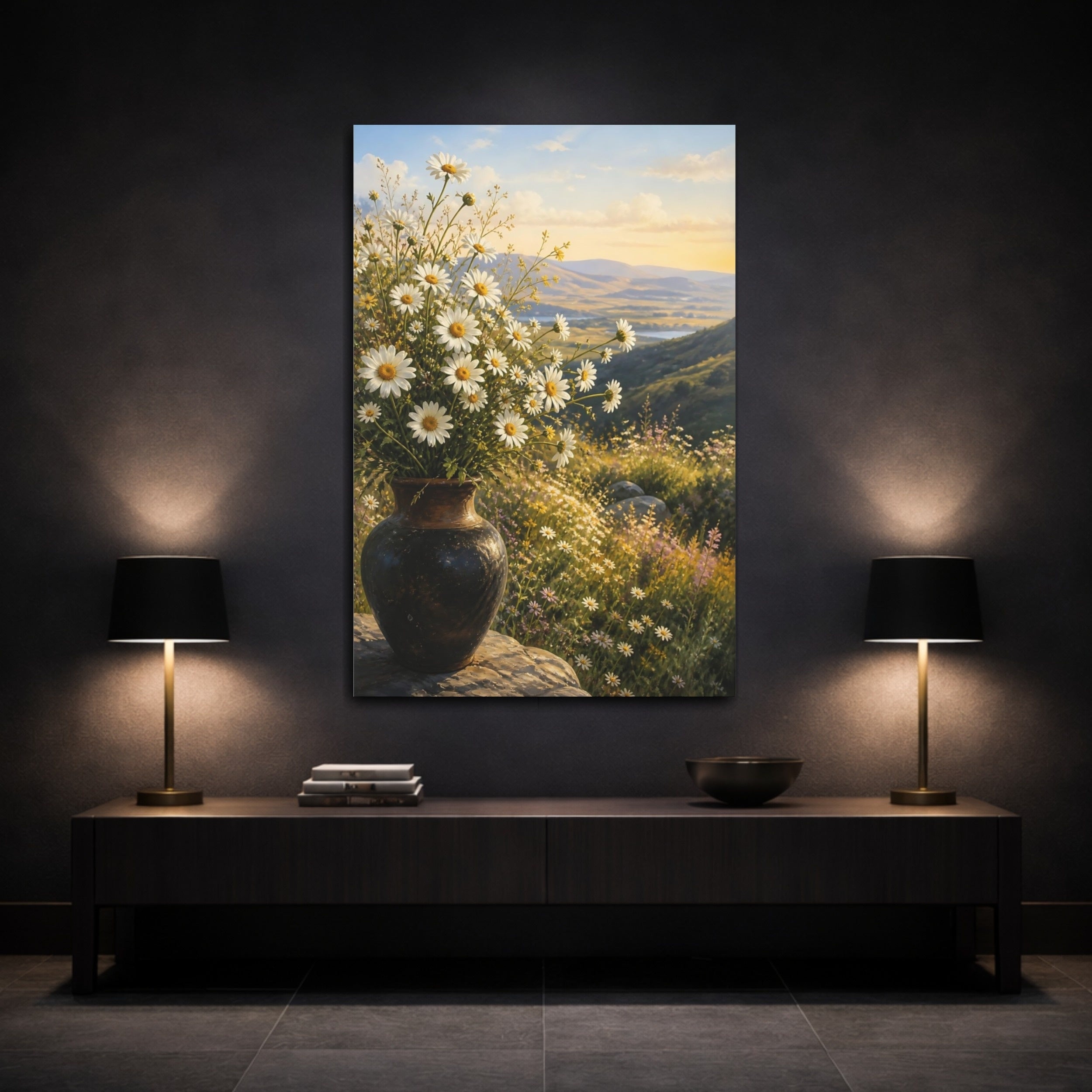 Mockup 3. Floral White Daisies White Daisies shown as stretched canvas wall art