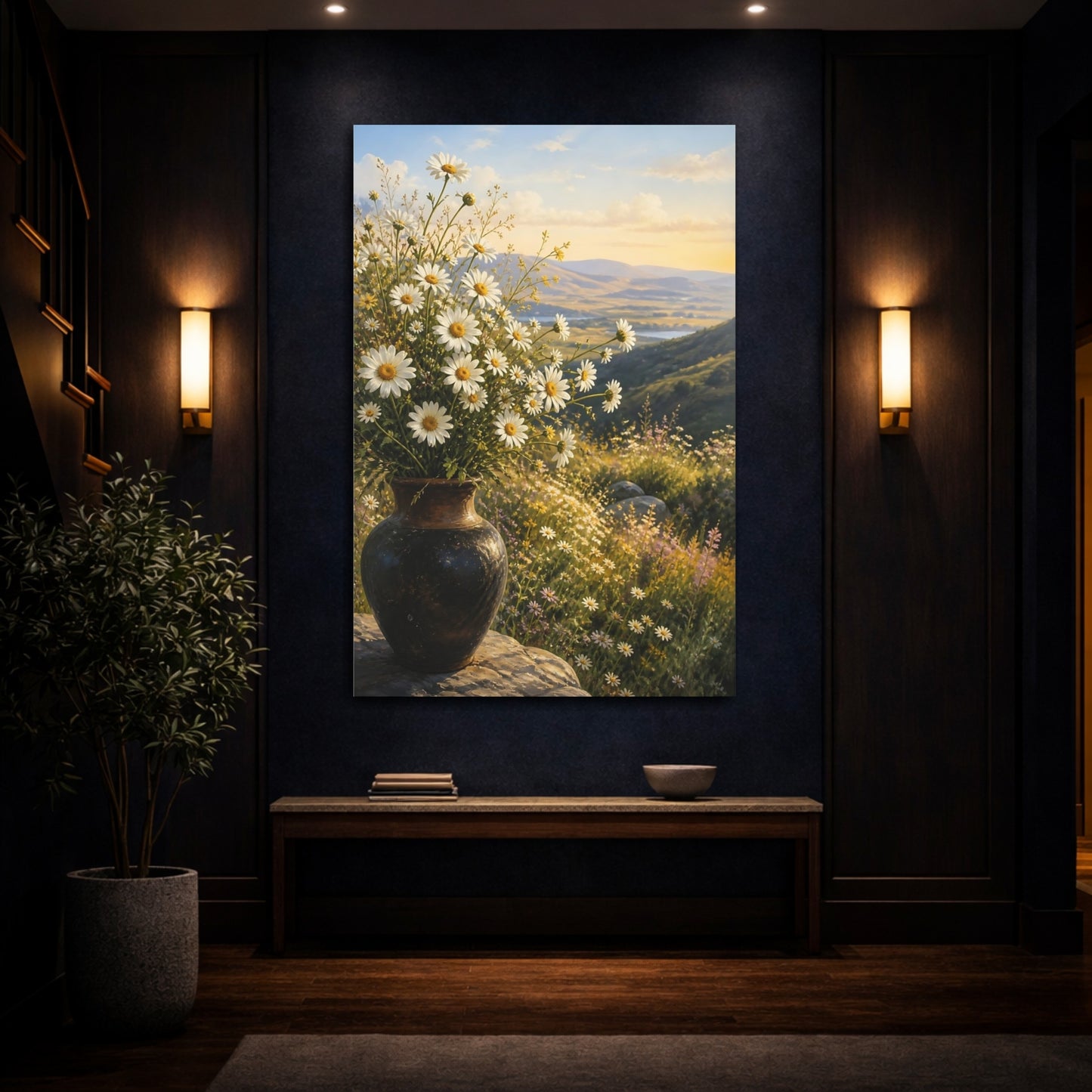 Mockup 4. Floral White Daisies White Daisies shown as stretched canvas wall art