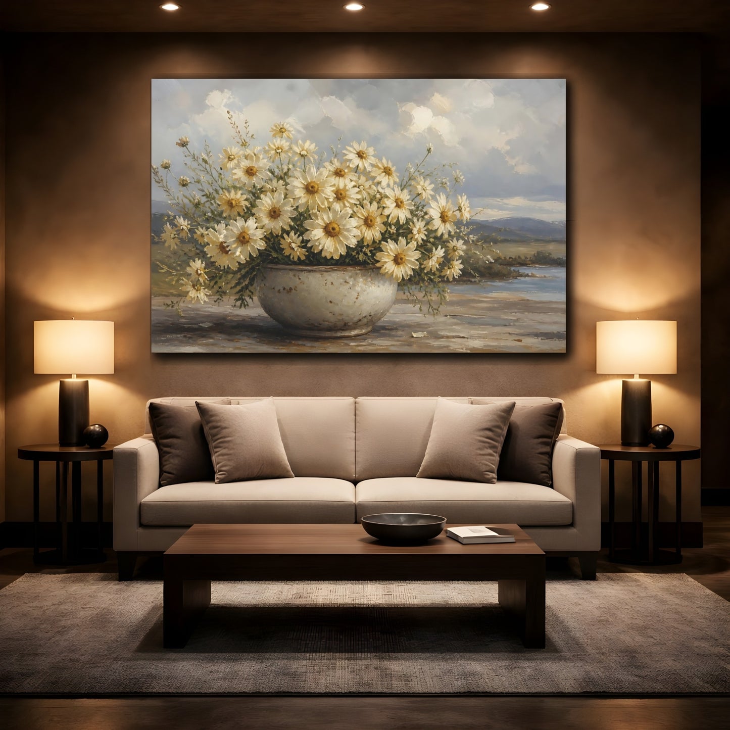 Mockup 2. Floral White Daisies White Daisy Flowers shown as stretched canvas wall art