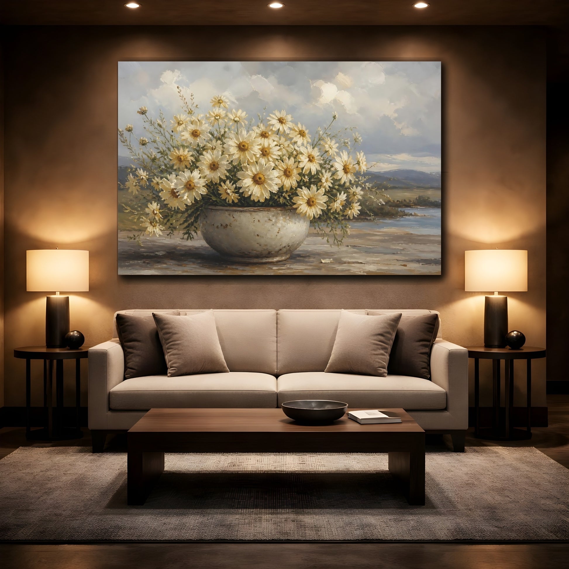 Mockup 2. Floral White Daisies White Daisy Flowers shown as stretched canvas wall art