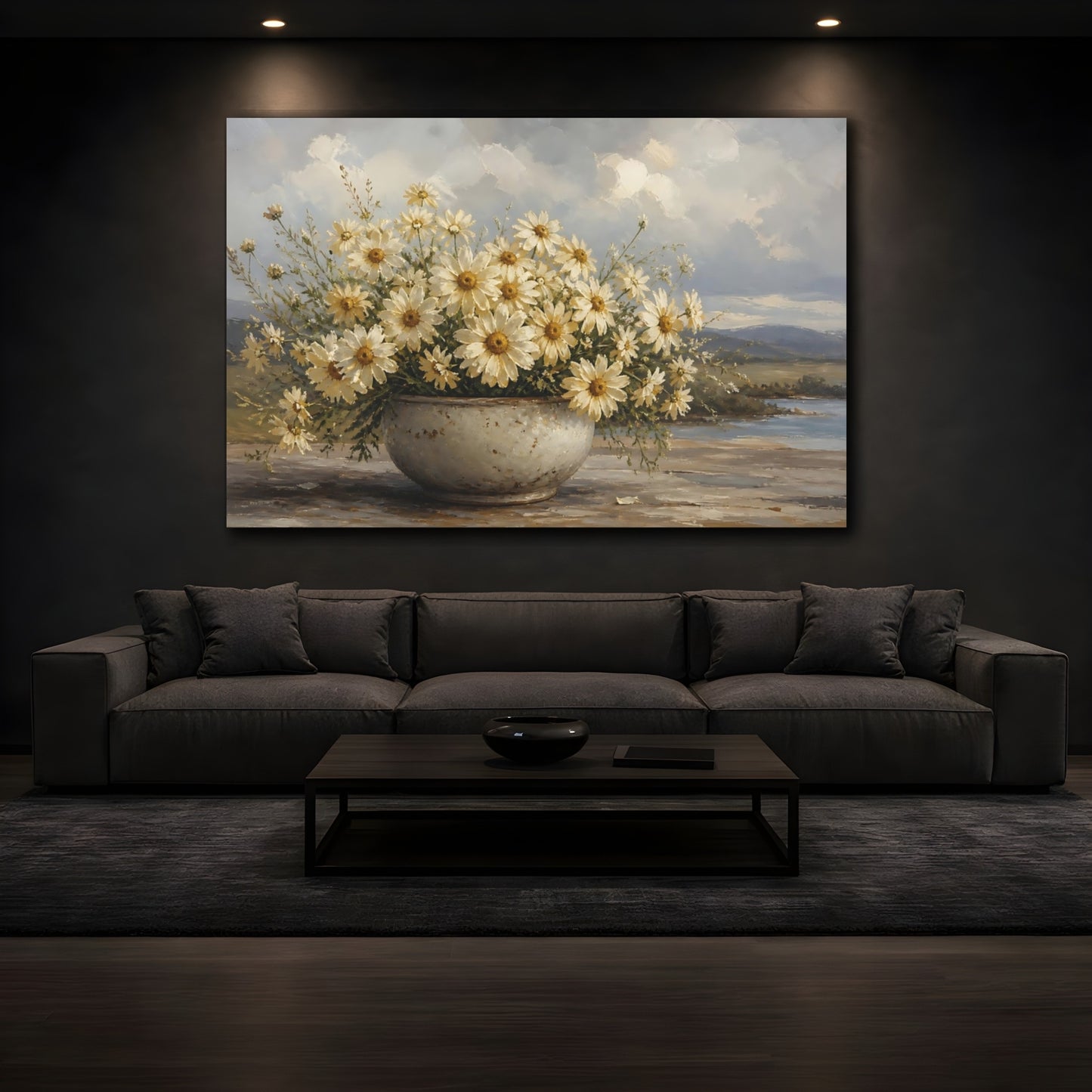 Mockup 3. Floral White Daisies White Daisy Flowers shown as stretched canvas wall art