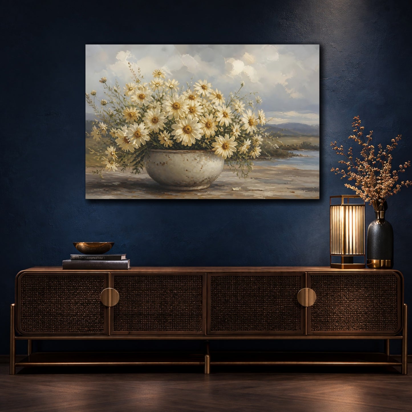 Mockup 4. Floral White Daisies White Daisy Flowers shown as stretched canvas wall art