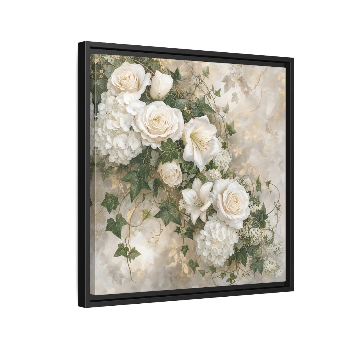 Side Mockup 12. Floral White Flowers White And Gold shown as stretched canvas wall art