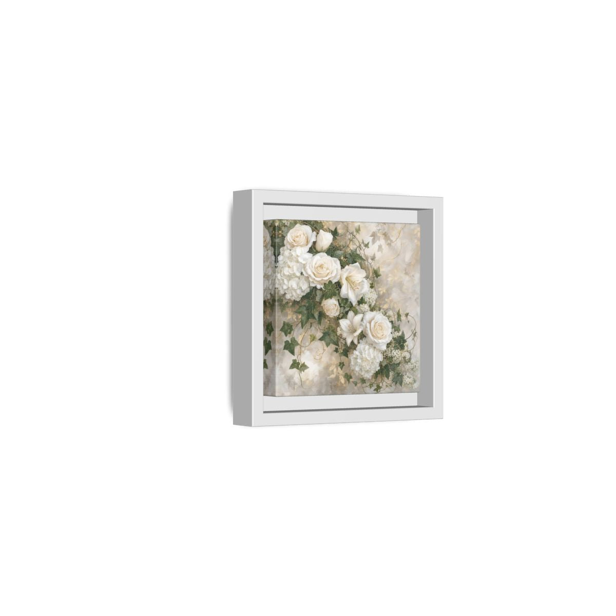 Side Mockup 22. Floral White Flowers White And Gold shown as stretched canvas wall art