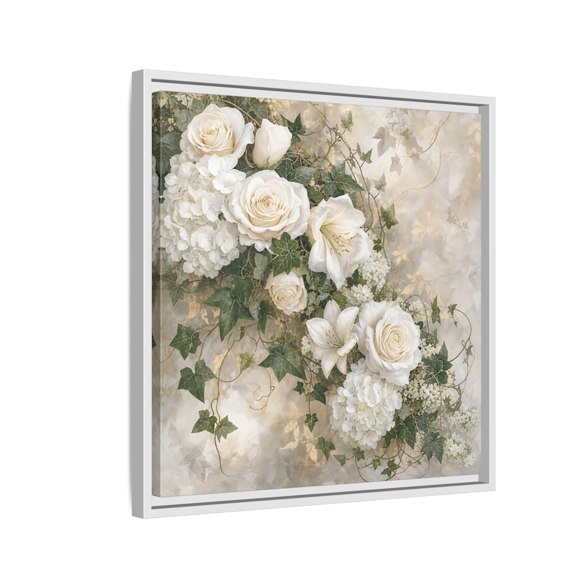 Side Mockup 10. Floral White Flowers White And Gold shown as stretched canvas wall art