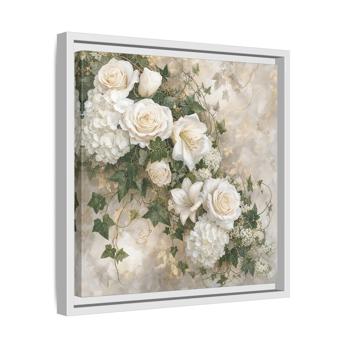 Side Mockup 28. Floral White Flowers White And Gold shown as stretched canvas wall art