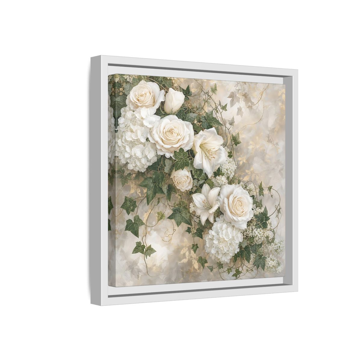 Side Mockup 16. Floral White Flowers White And Gold shown as stretched canvas wall art