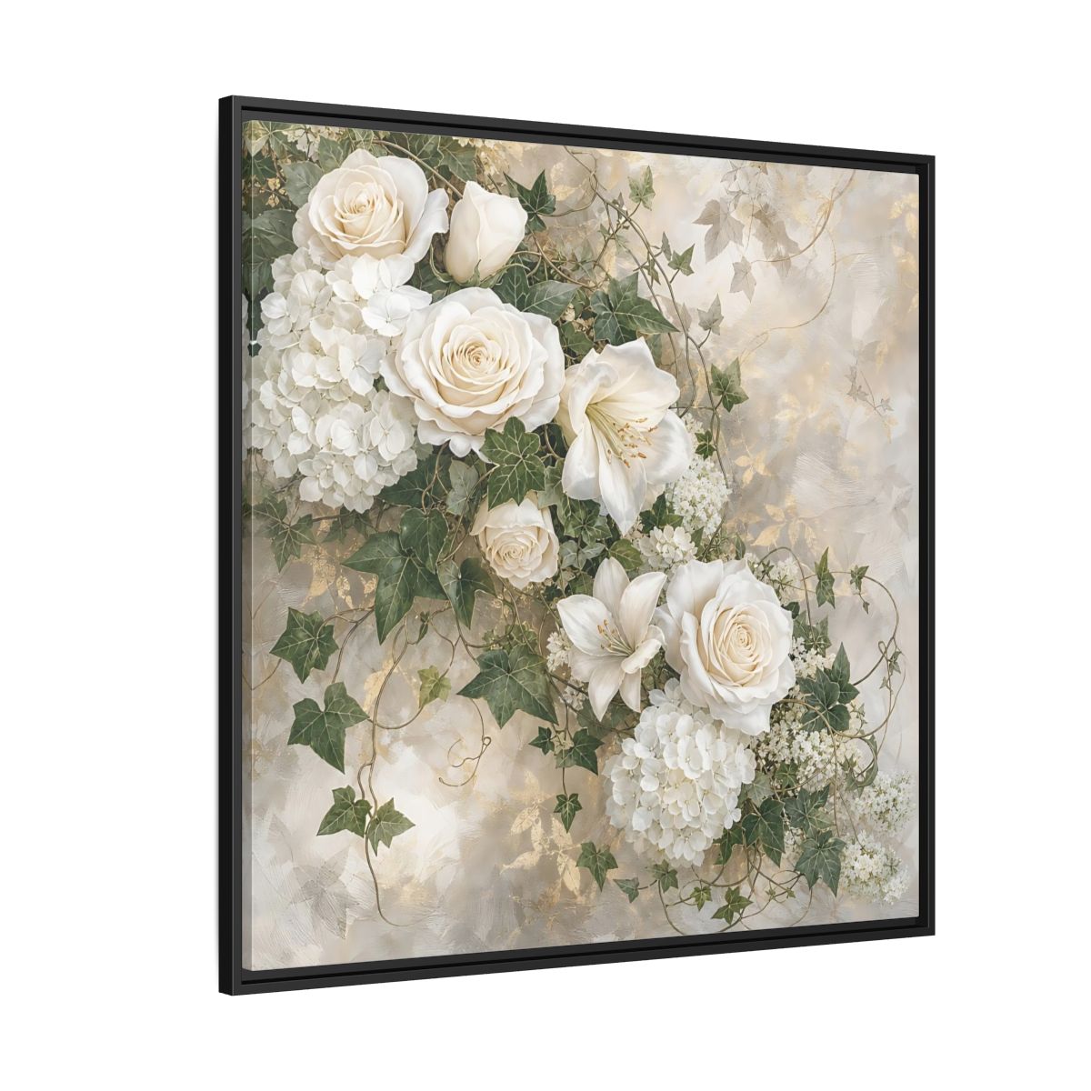 Side Mockup 6. Floral White Flowers White And Gold shown as stretched canvas wall art