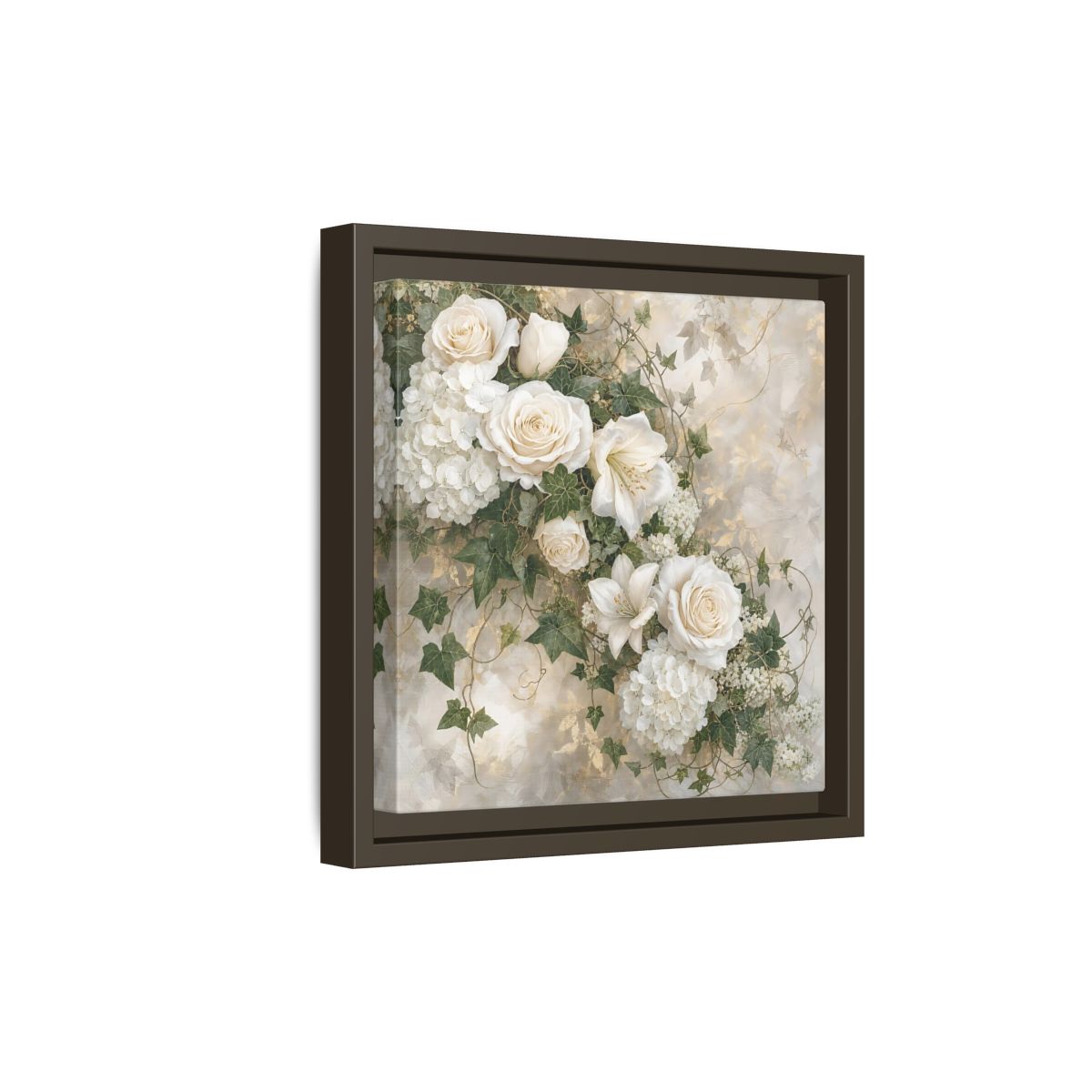 Side Mockup 20. Floral White Flowers White And Gold shown as stretched canvas wall art