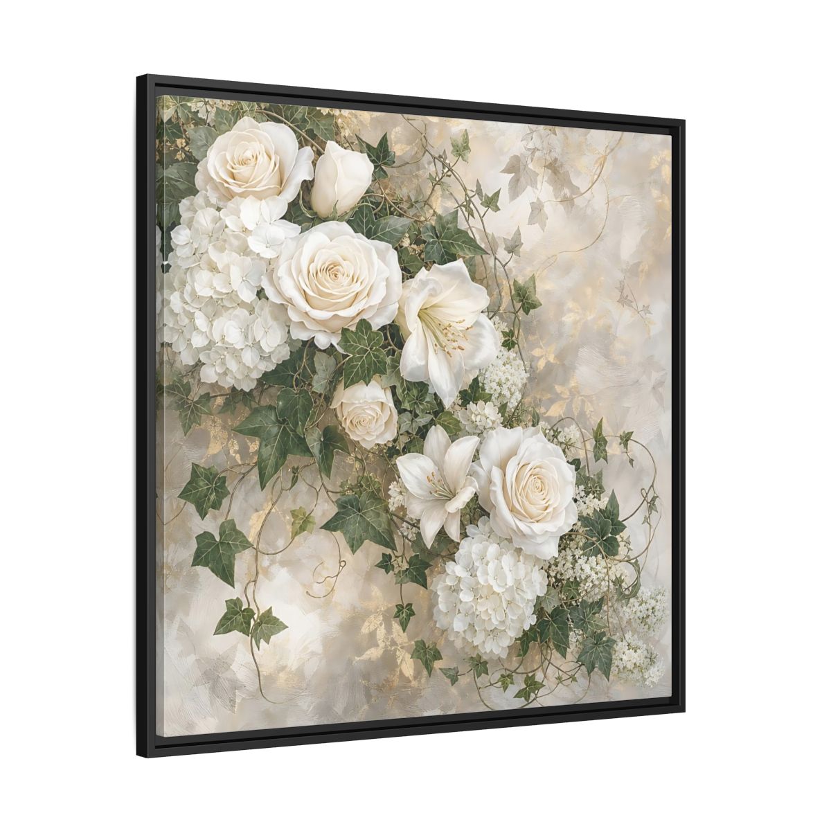 Side Mockup 30. Floral White Flowers White And Gold shown as stretched canvas wall art