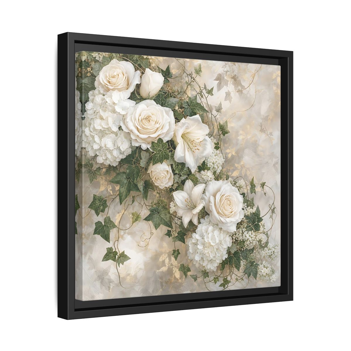 Side Mockup 32. Floral White Flowers White And Gold shown as stretched canvas wall art