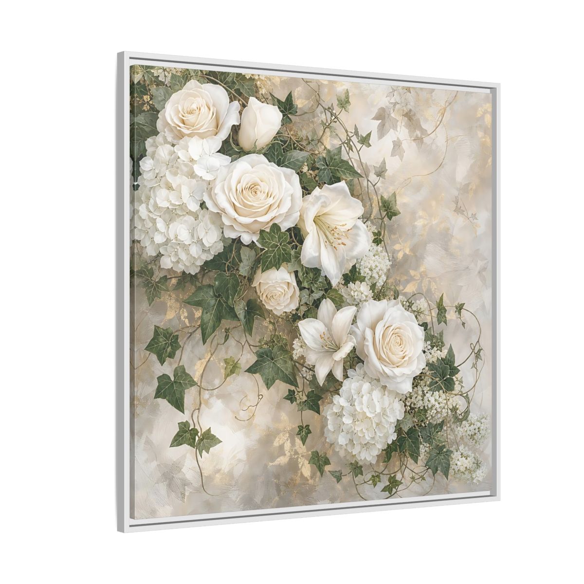 Side Mockup 4. Floral White Flowers White And Gold shown as stretched canvas wall art