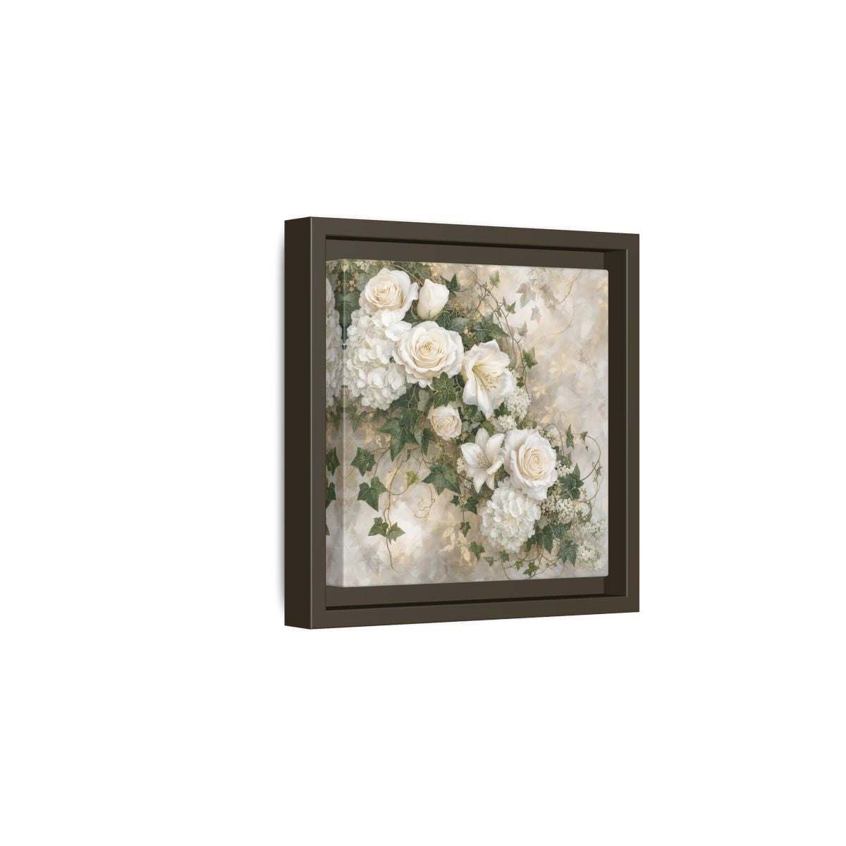 Side Mockup 2. Floral White Flowers White And Gold shown as stretched canvas wall art