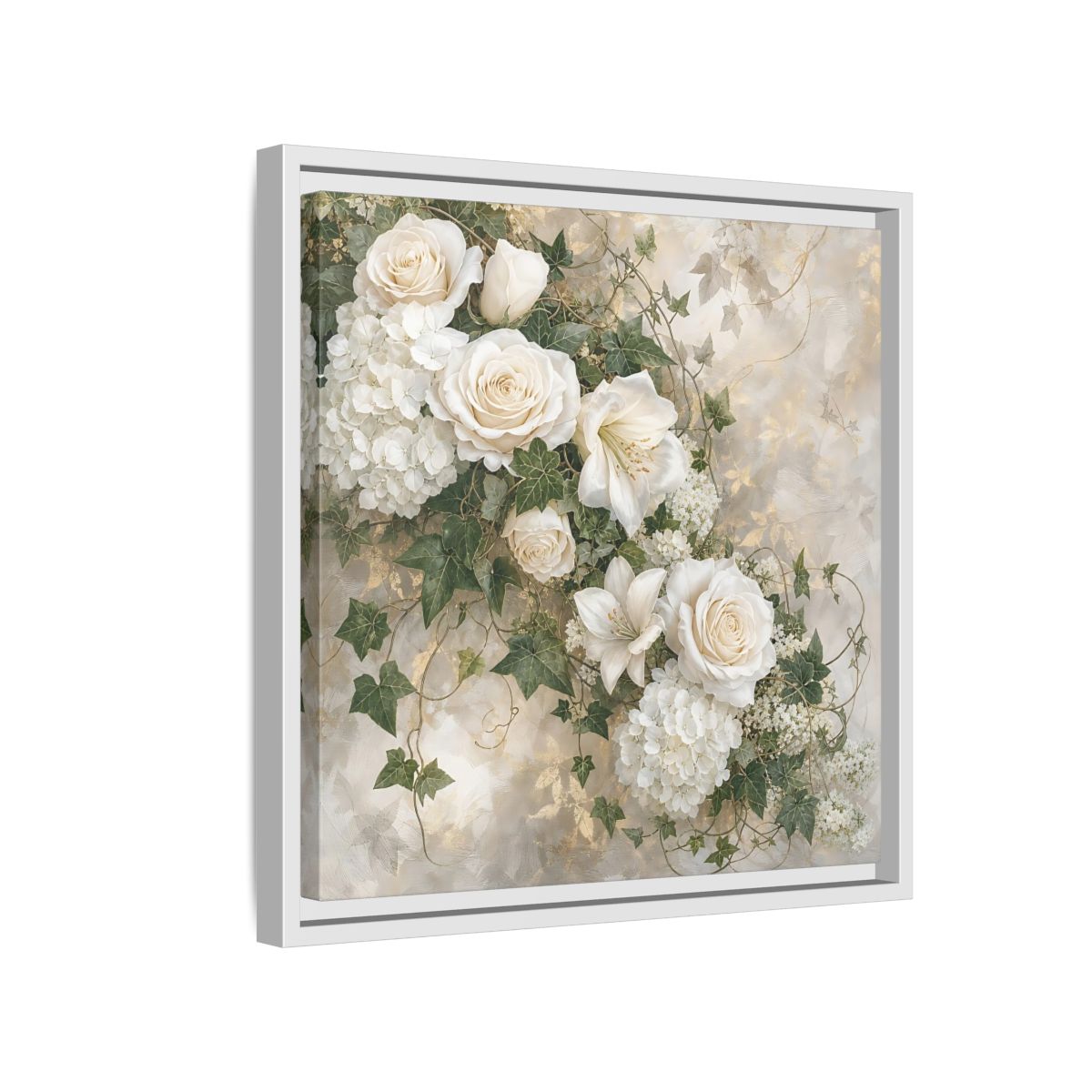 Side Mockup 13. Floral White Flowers White And Gold shown as stretched canvas wall art