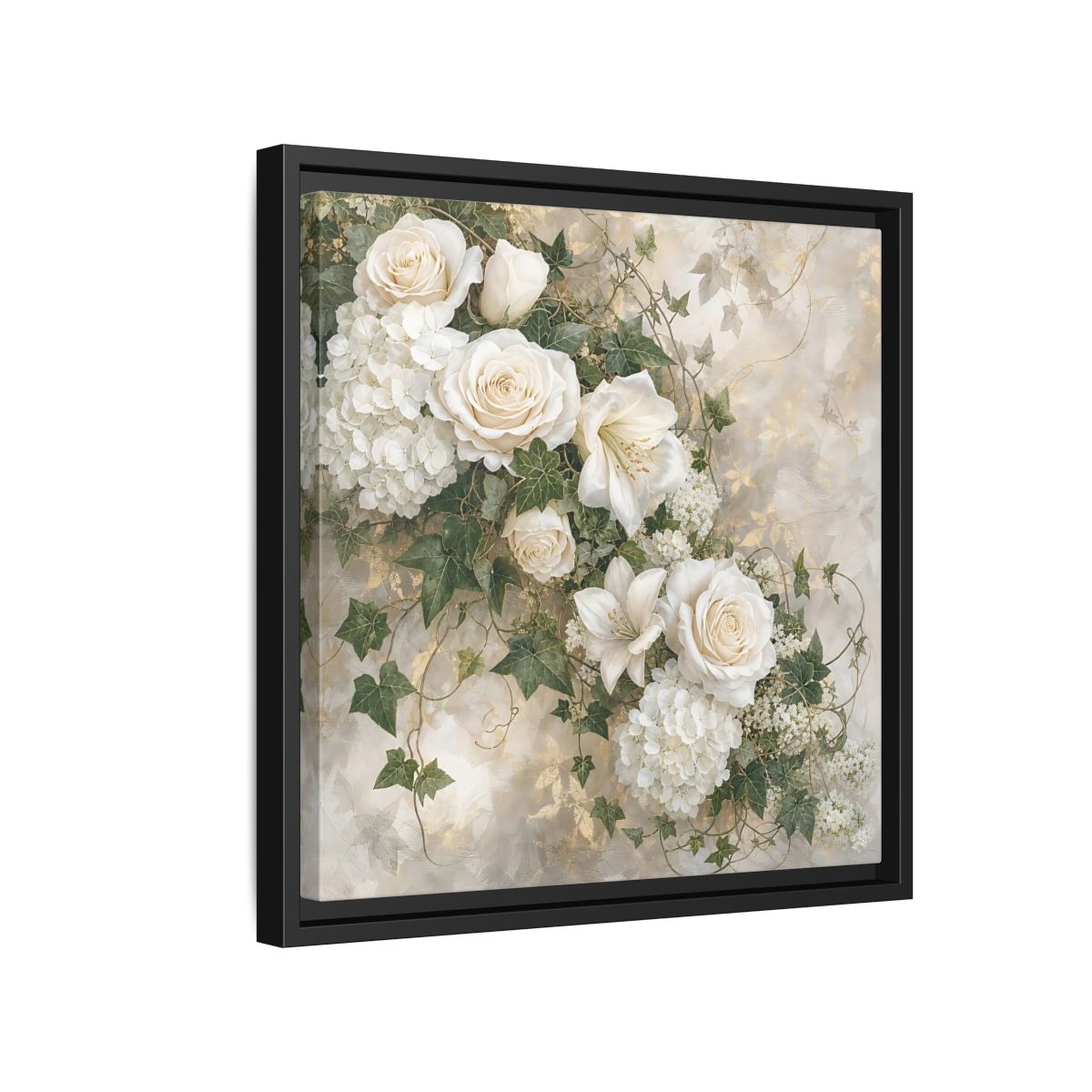 Side Mockup 15. Floral White Flowers White And Gold shown as stretched canvas wall art