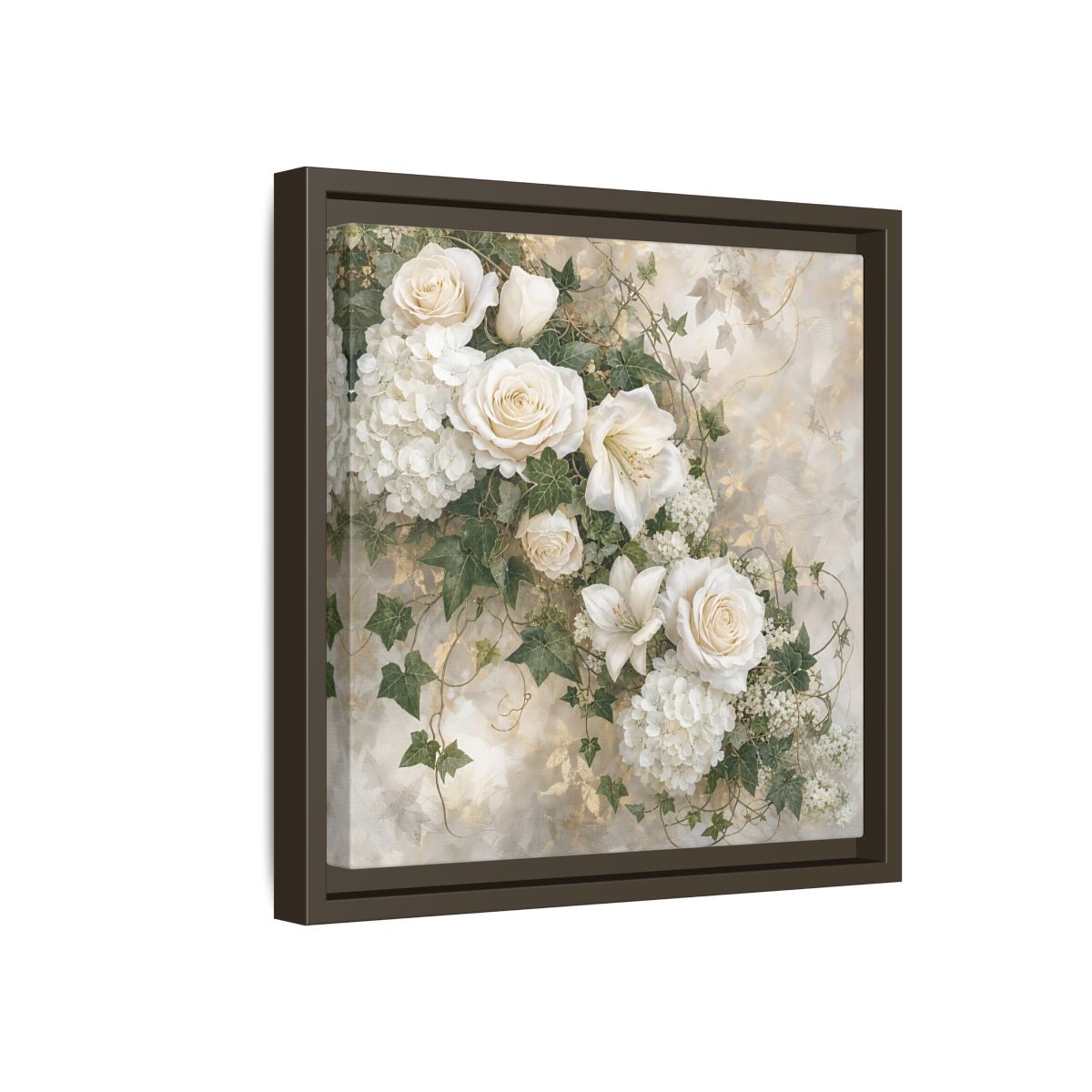 Side Mockup 17. Floral White Flowers White And Gold shown as stretched canvas wall art
