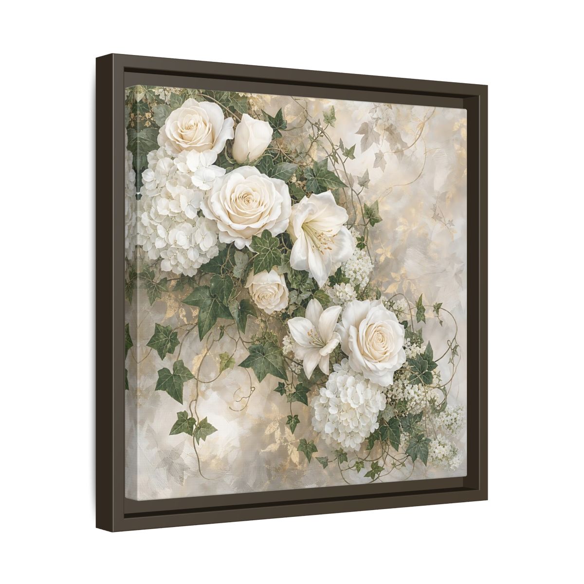 Side Mockup 29. Floral White Flowers White And Gold shown as stretched canvas wall art