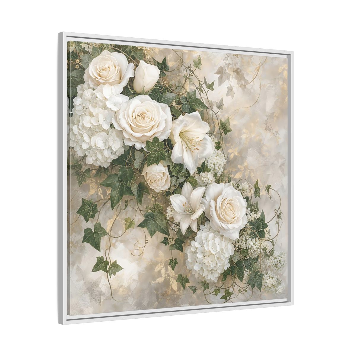 Side Mockup 25. Floral White Flowers White And Gold shown as stretched canvas wall art