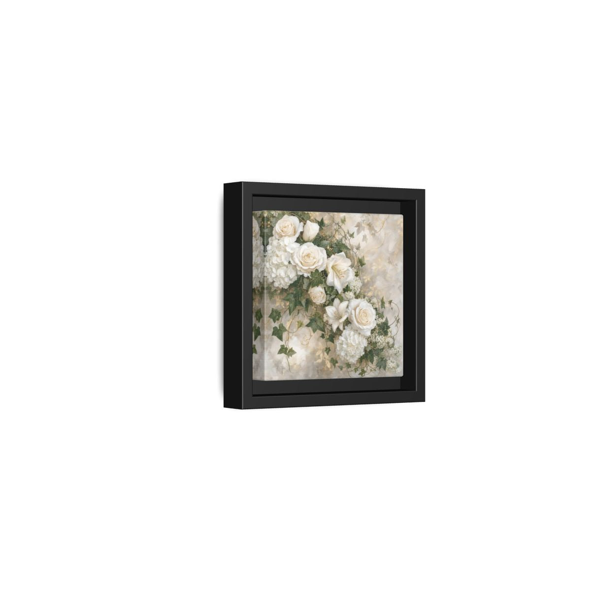 Side Mockup 24. Floral White Flowers White And Gold shown as stretched canvas wall art