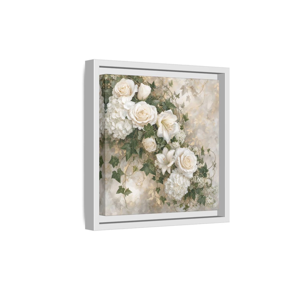 Side Mockup 19. Floral White Flowers White And Gold shown as stretched canvas wall art