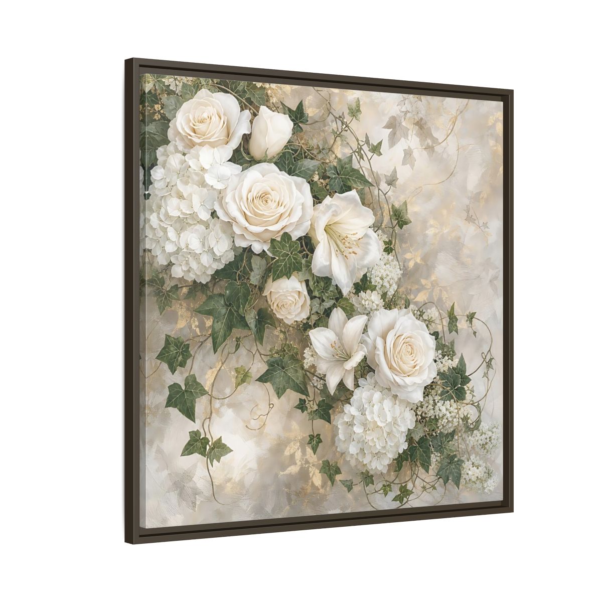 Side Mockup 8. Floral White Flowers White And Gold shown as stretched canvas wall art