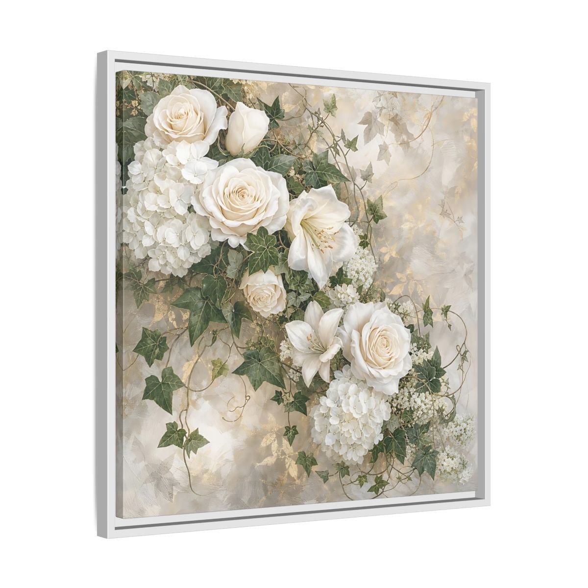 Side Mockup 26. Floral White Flowers White And Gold shown as stretched canvas wall art