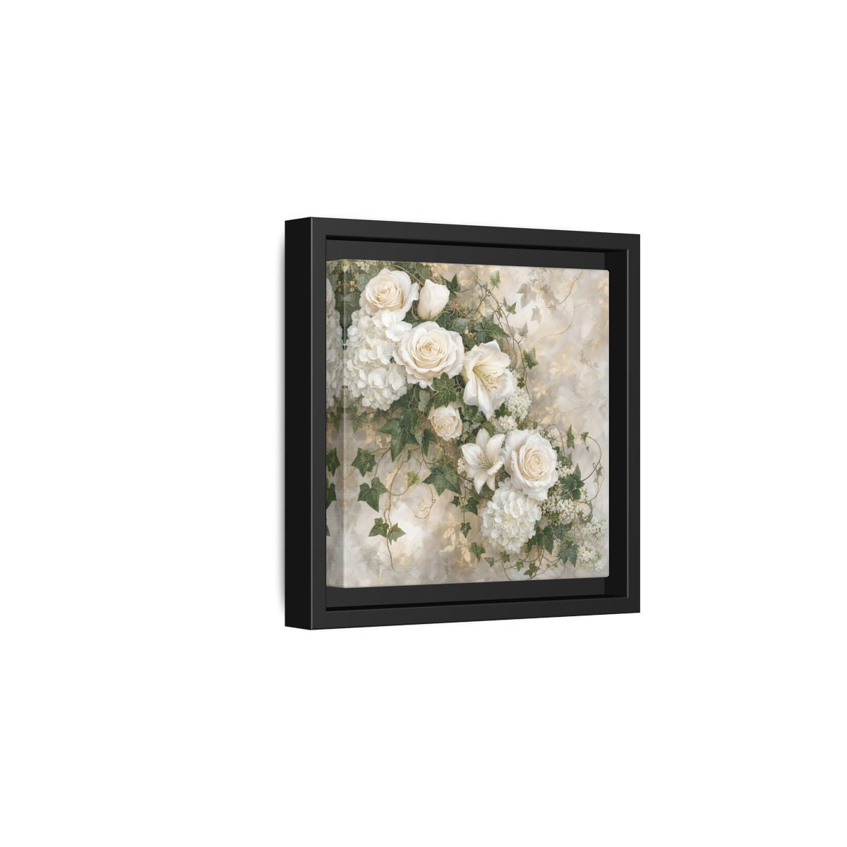 Side Mockup 3. Floral White Flowers White And Gold shown as stretched canvas wall art