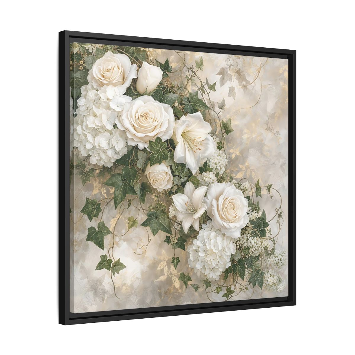 Side Mockup 31. Floral White Flowers White And Gold shown as stretched canvas wall art