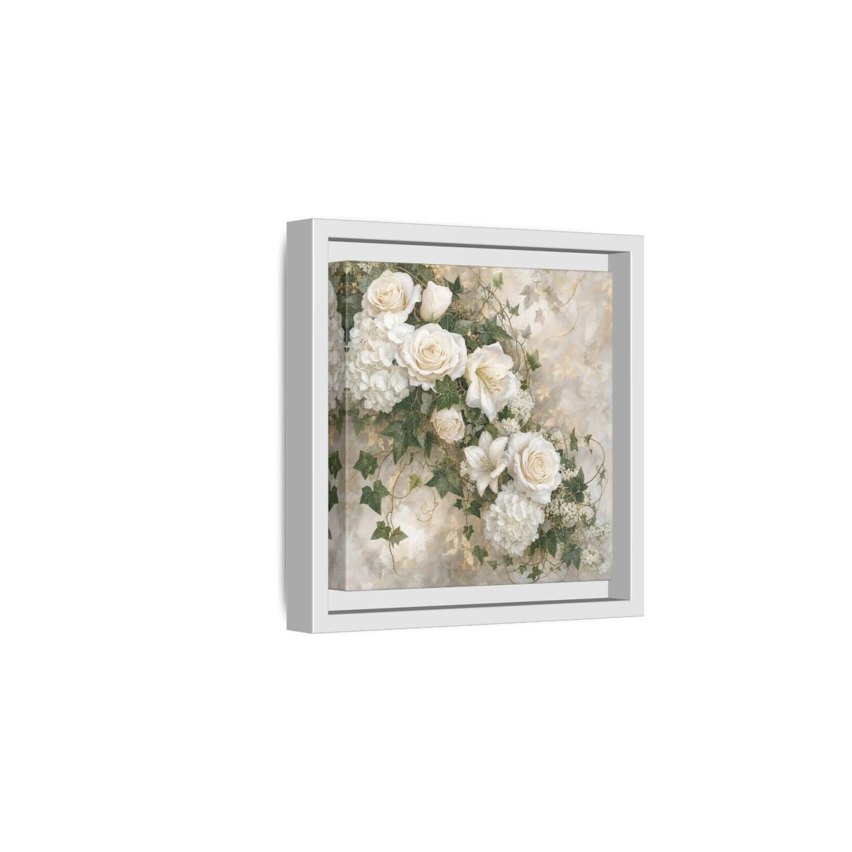 Side Mockup 1. Floral White Flowers White And Gold shown as stretched canvas wall art