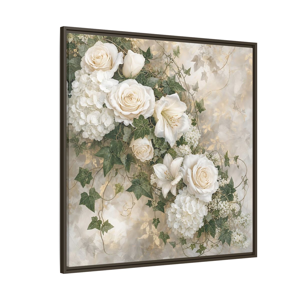 Side Mockup 5. Floral White Flowers White And Gold shown as stretched canvas wall art
