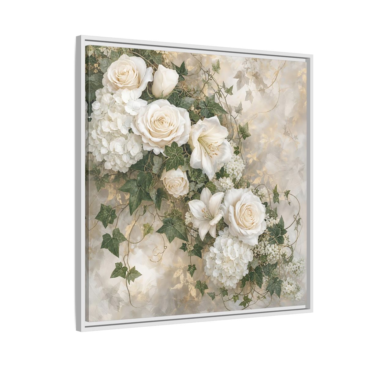 Side Mockup 7. Floral White Flowers White And Gold shown as stretched canvas wall art