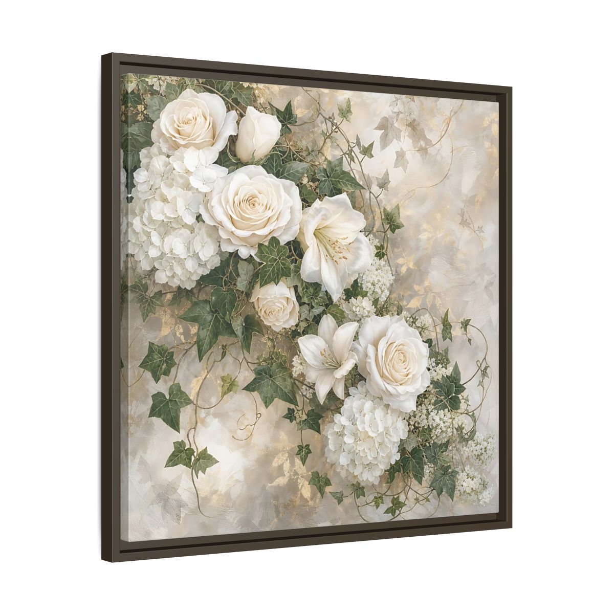 Side Mockup 27. Floral White Flowers White And Gold shown as stretched canvas wall art